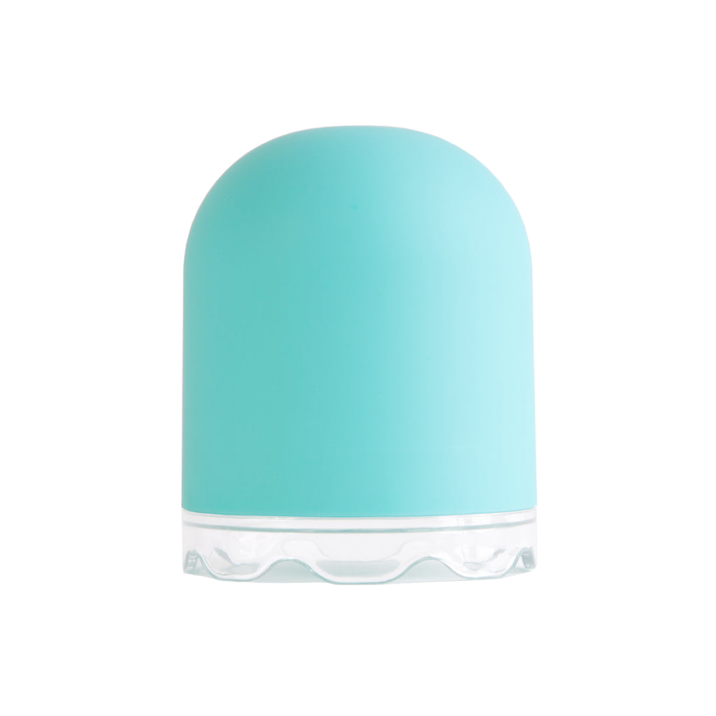 Light blue plastic menstrual cup container with clear base